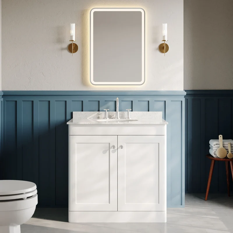 Classique 800mm Floor Standing Vanity Unit With 2 Doors With White Marble Worktop With Round Basin - Satin White