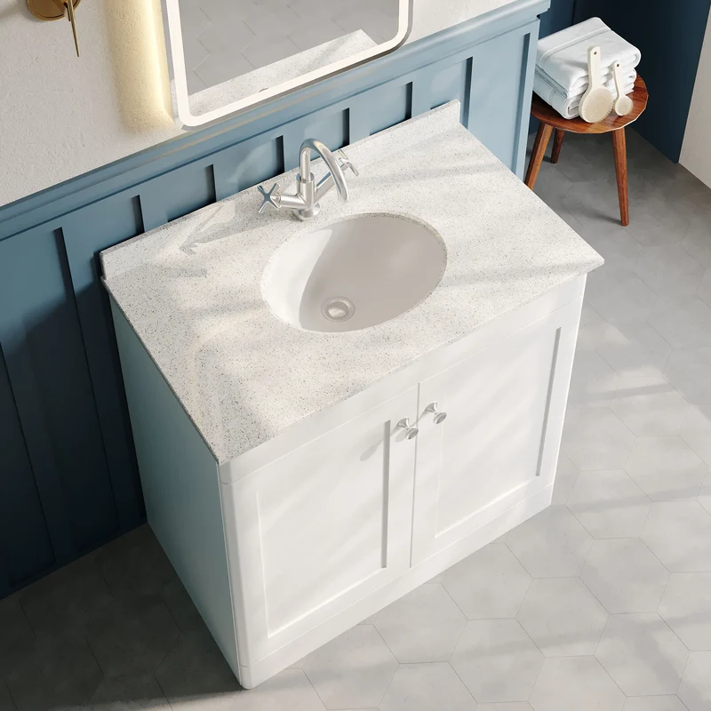Classique 800mm Floor Standing Vanity Unit With 2 Doors With White Marble Worktop With Round Basin - Satin White