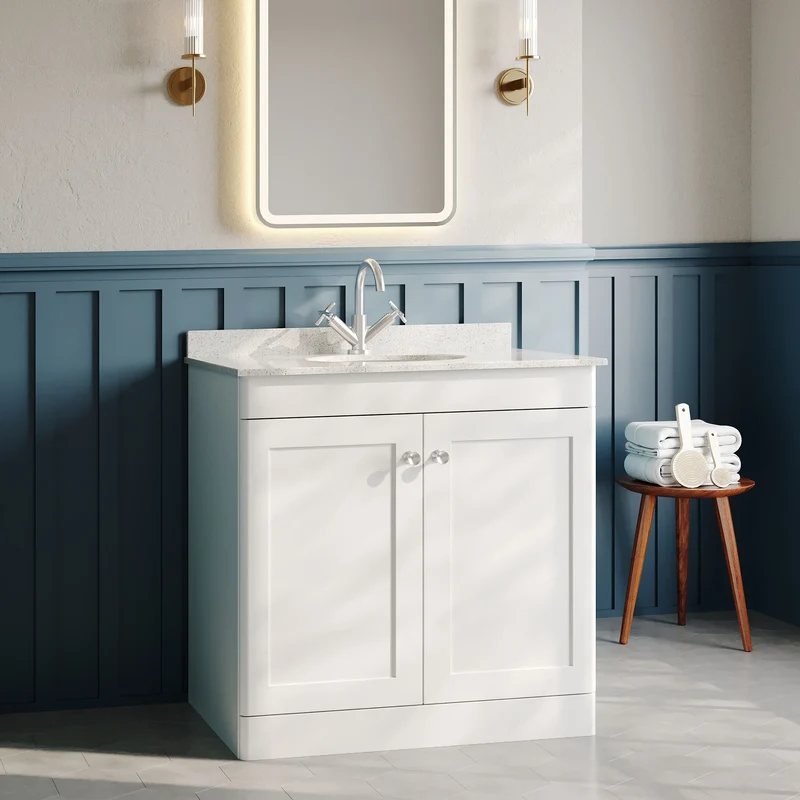 Classique 800mm Floor Standing Vanity Unit With 2 Doors With White Marble Worktop With Round Basin - Satin White