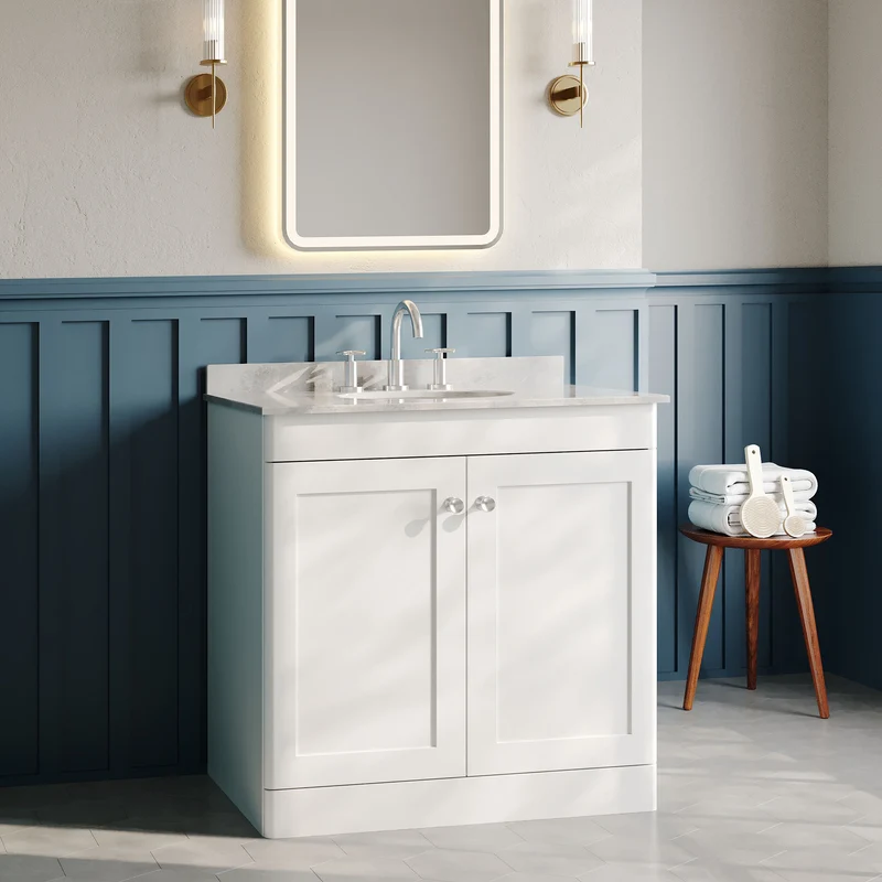 Classique 800mm Floor Standing Vanity Unit With 2 Doors With Grey Marble Worktop With Round Basin - Satin White