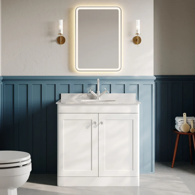 Classique 800mm Floor Standing Vanity Unit With 2 Doors With Grey Marble Worktop With Round Basin - Satin White
