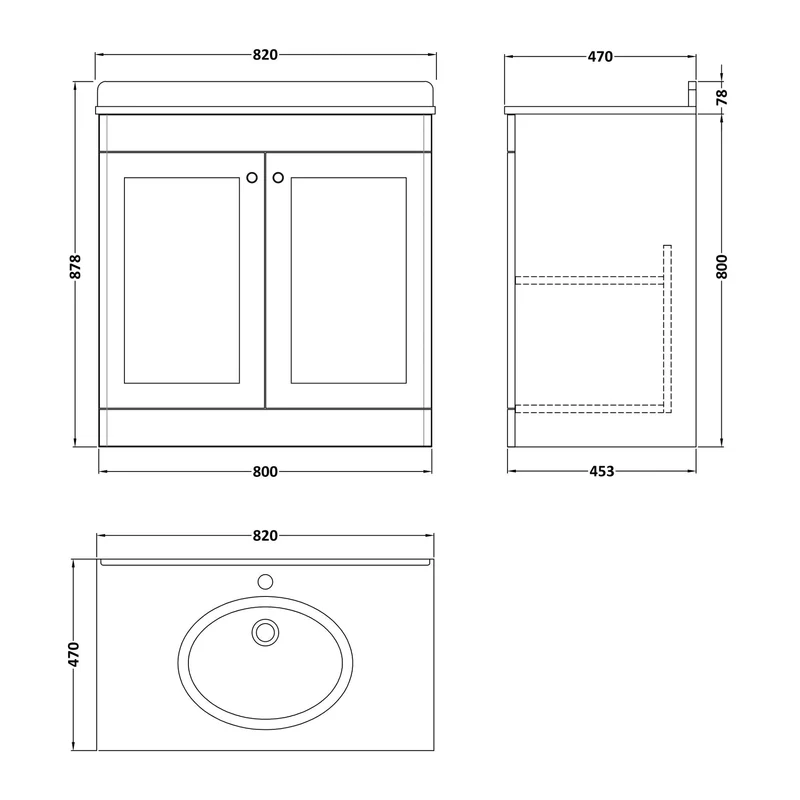 Classique 800mm Floor Standing Vanity Unit With 2 Doors With Grey Marble Worktop With Round Basin - Satin White