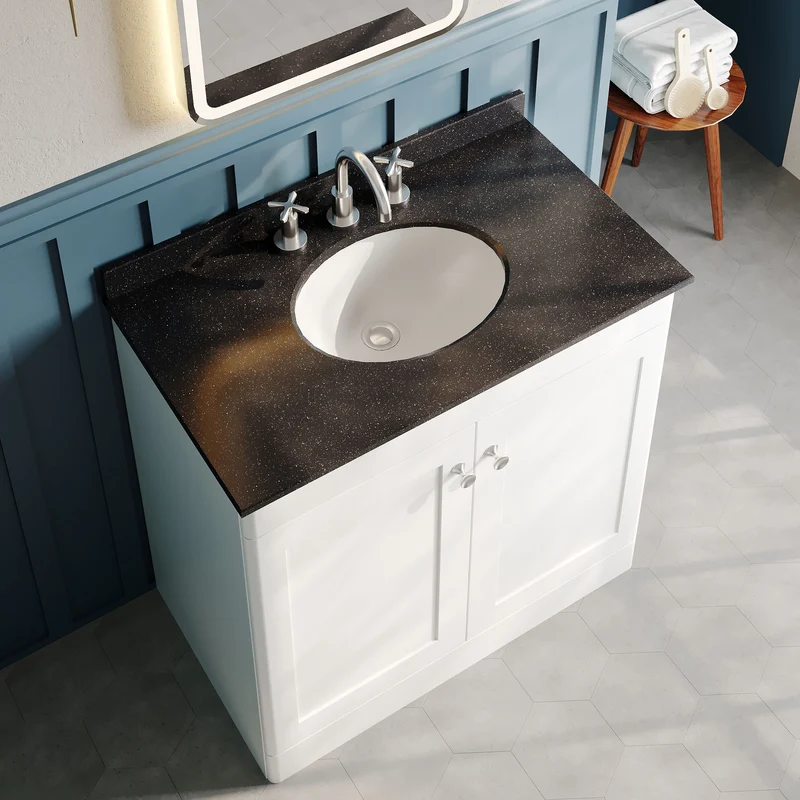Classique 800mm Floor Standing Vanity Unit With 2 Doors With Black Marble Worktop With Round Basin - Satin White