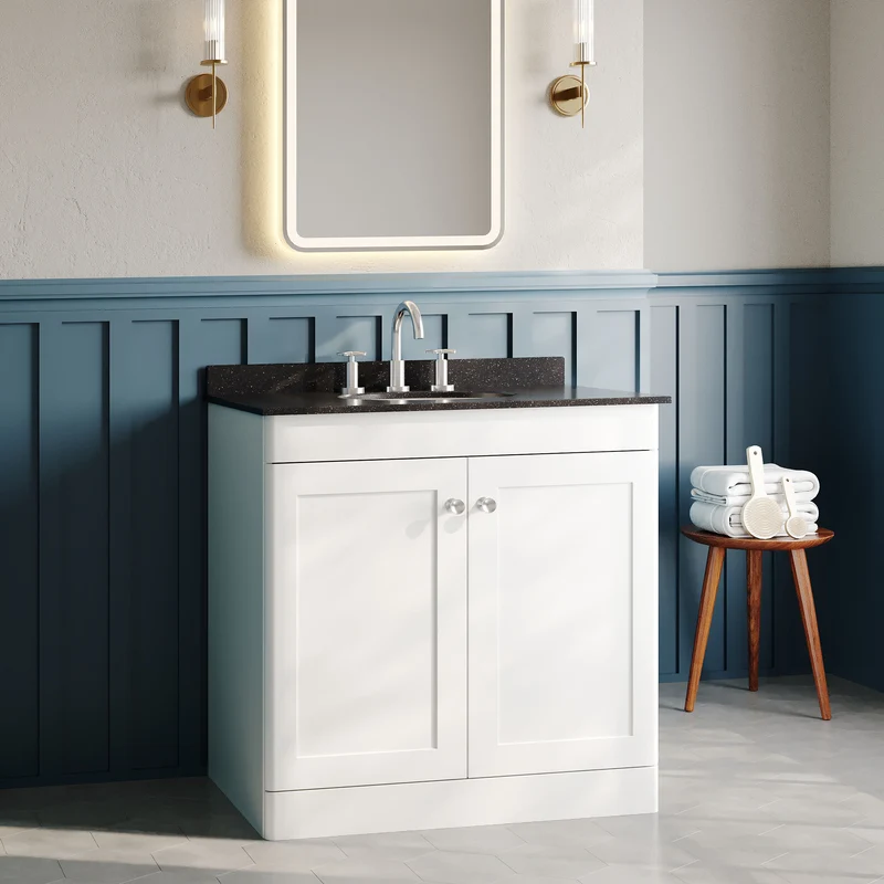 Classique 800mm Floor Standing Vanity Unit With 2 Doors With Black Marble Worktop With Round Basin - Satin White