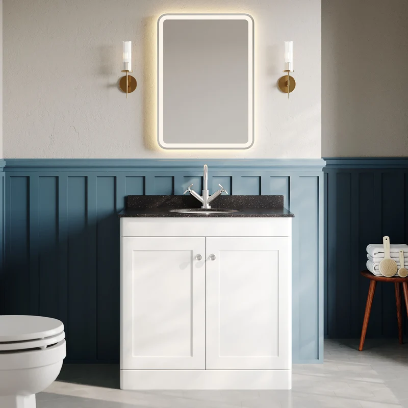 Classique 800mm Floor Standing Vanity Unit With 2 Doors With Black Marble Worktop With Round Basin - Satin White