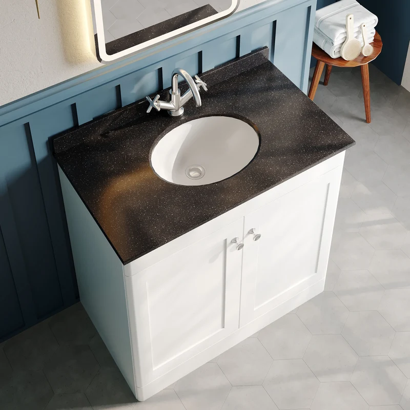 Classique 800mm Floor Standing Vanity Unit With 2 Doors With Black Marble Worktop With Round Basin - Satin White