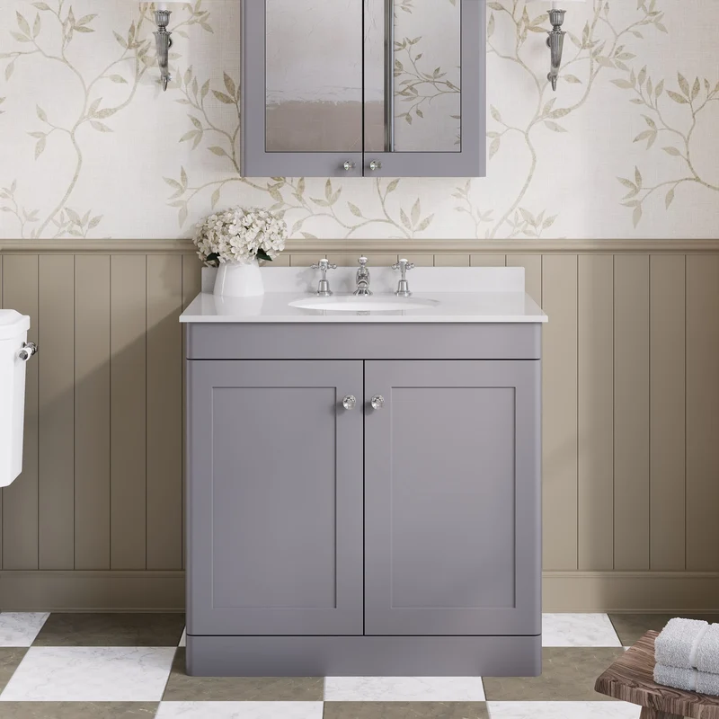 Classique 800mm Floor Standing Vanity Unit With 2 Doors With White Marble Worktop With Round Basin - Satin Grey