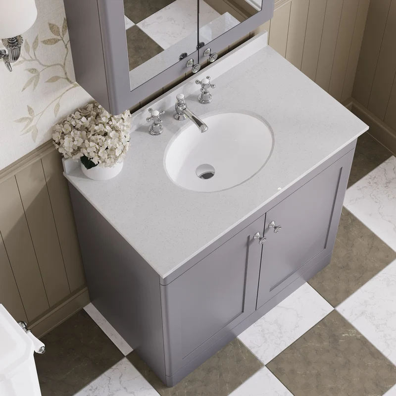 Classique 800mm Floor Standing Vanity Unit With 2 Doors With White Marble Worktop With Round Basin - Satin Grey