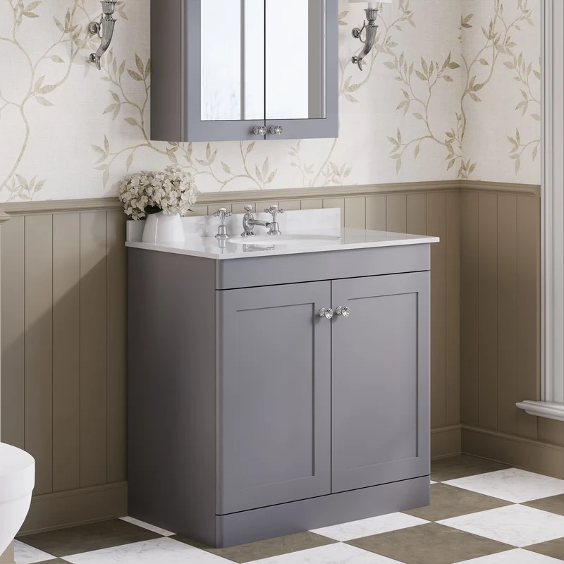 Classique 800mm Floor Standing Vanity Unit With 2 Doors With White Marble Worktop With Round Basin - Satin Grey