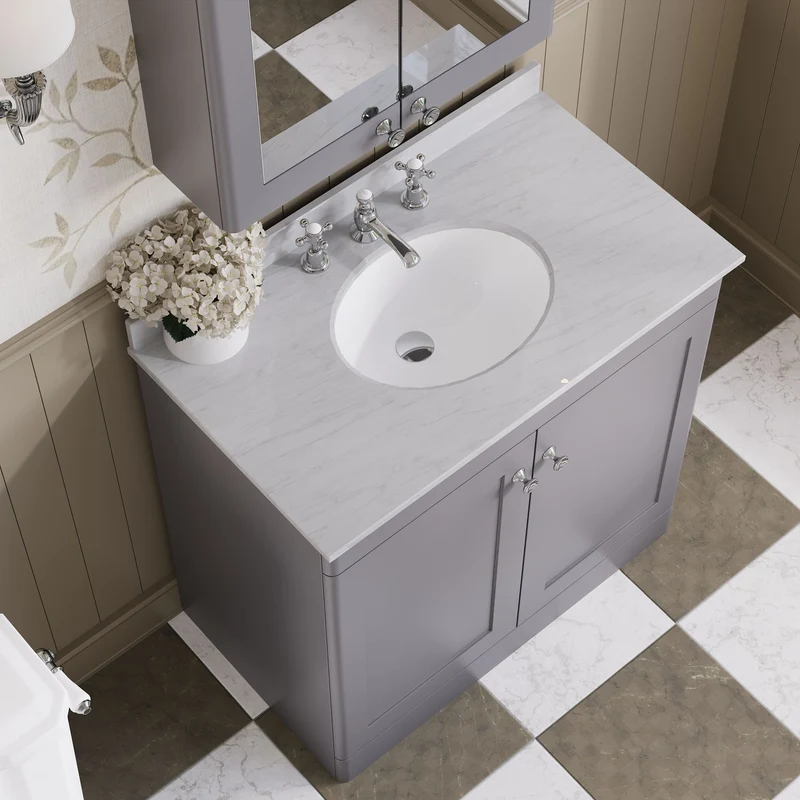 Classique 800mm Floor Standing Vanity Unit With 2 Doors With Grey Marble Worktop With Round Basin - Satin Grey