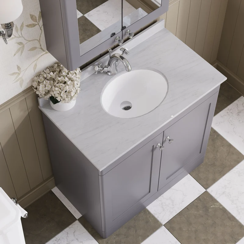 Classique 800mm Floor Standing Vanity Unit With 2 Doors With Grey Marble Worktop With Round Basin - Satin Grey