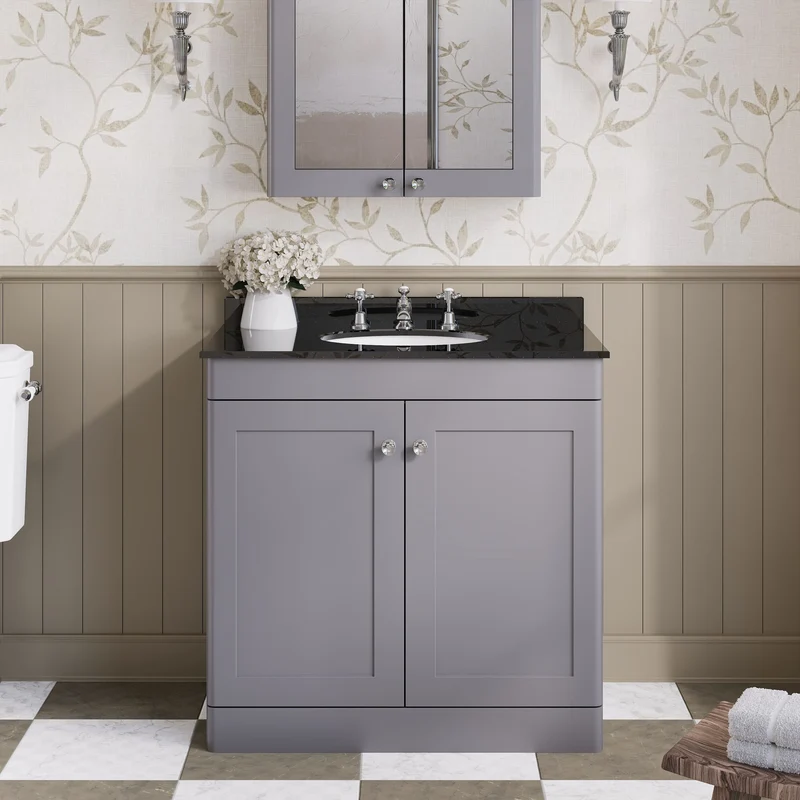 Classique 800mm Floor Standing Vanity Unit With 2 Doors With Black Marble Worktop With Round Basin - Satin Grey