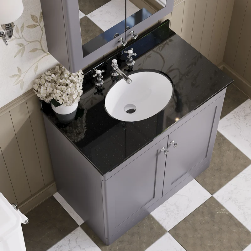 Classique 800mm Floor Standing Vanity Unit With 2 Doors With Black Marble Worktop With Round Basin - Satin Grey