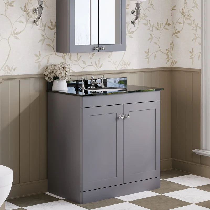Classique 800mm Floor Standing Vanity Unit With 2 Doors With Black Marble Worktop With Round Basin - Satin Grey