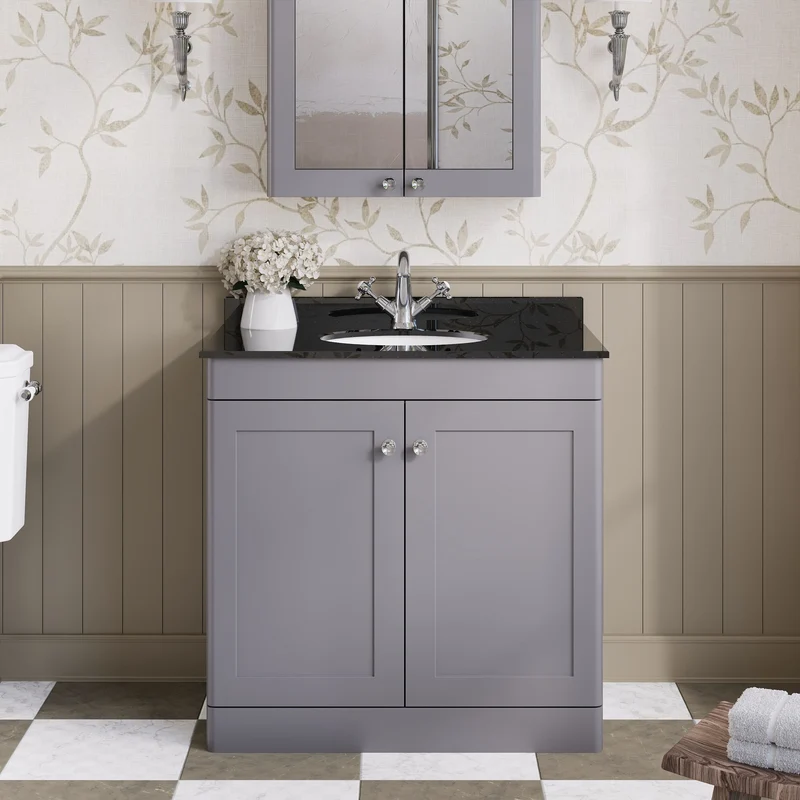 Classique 800mm Floor Standing Vanity Unit With 2 Doors With Black Marble Worktop With Round Basin - Satin Grey