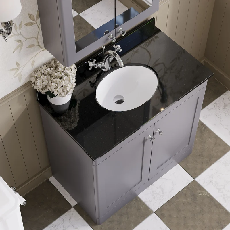 Classique 800mm Floor Standing Vanity Unit With 2 Doors With Black Marble Worktop With Round Basin - Satin Grey
