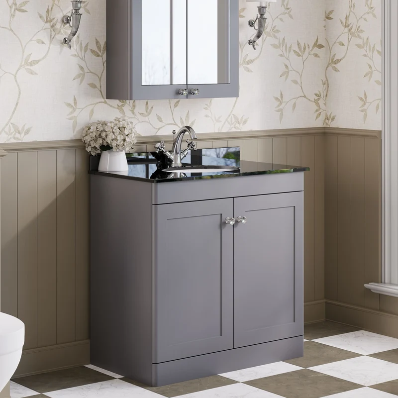 Classique 800mm Floor Standing Vanity Unit With 2 Doors With Black Marble Worktop With Round Basin - Satin Grey