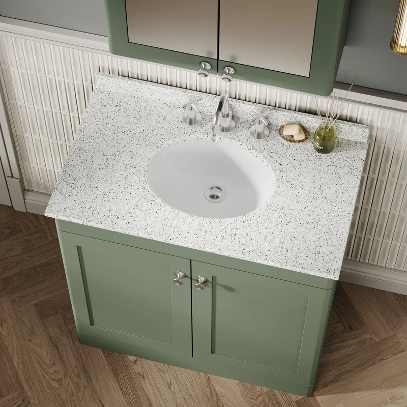 Classique 800mm Floor Standing Vanity Unit With 2 Doors With White Marble Worktop With Round Basin - Satin Green