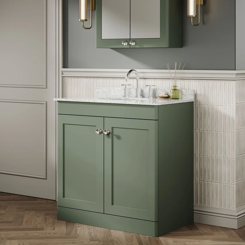 Classique 800mm Floor Standing Vanity Unit With 2 Doors With White Marble Worktop With Round Basin - Satin Green