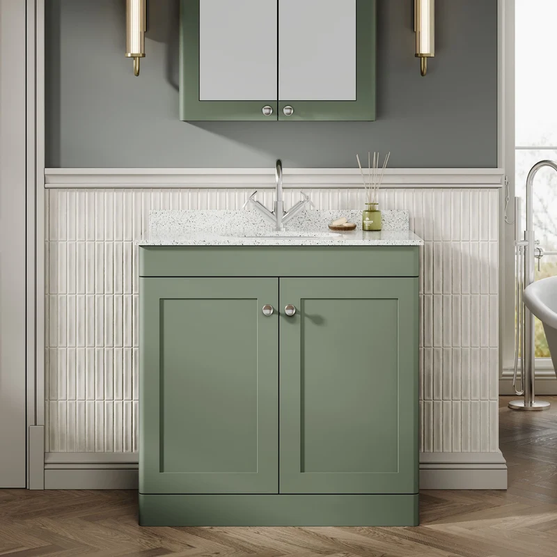 Classique 800mm Floor Standing Vanity Unit With 2 Doors With White Marble Worktop With Round Basin - Satin Green