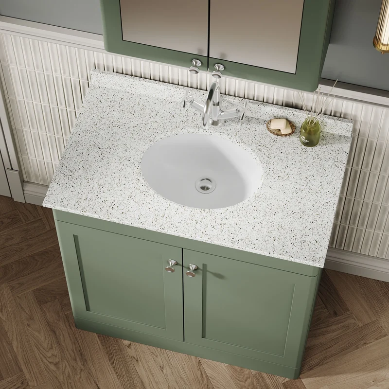 Classique 800mm Floor Standing Vanity Unit With 2 Doors With White Marble Worktop With Round Basin - Satin Green
