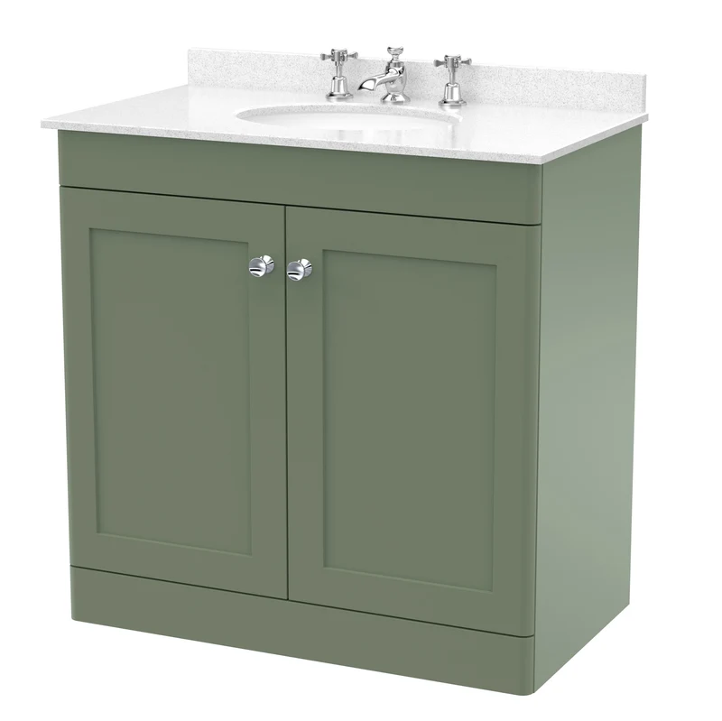 Classique 800mm Floor Standing Vanity Unit With 2 Doors With White Marble Worktop With Round Basin - Satin Green