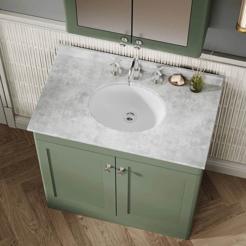 Classique 800mm Floor Standing Vanity Unit With 2 Doors With Grey Marble Worktop With Round Basin - Satin Green