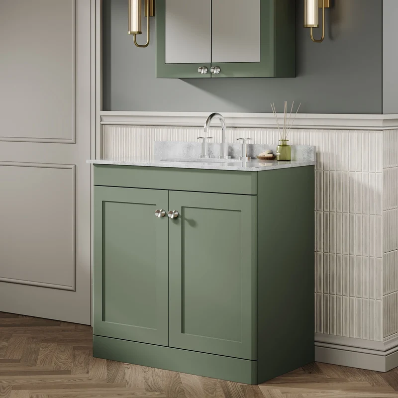 Classique 800mm Floor Standing Vanity Unit With 2 Doors With Grey Marble Worktop With Round Basin - Satin Green