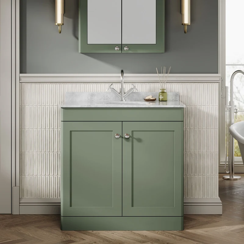 Classique 800mm Floor Standing Vanity Unit With 2 Doors With Grey Marble Worktop With Round Basin - Satin Green