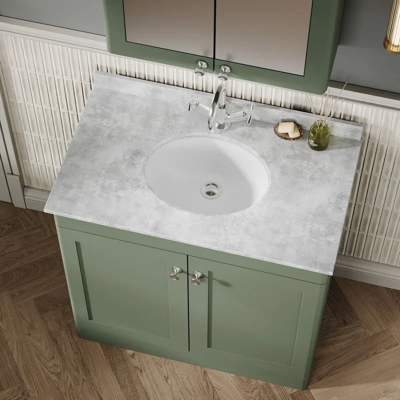 Classique 800mm Floor Standing Vanity Unit With 2 Doors With Grey Marble Worktop With Round Basin - Satin Green