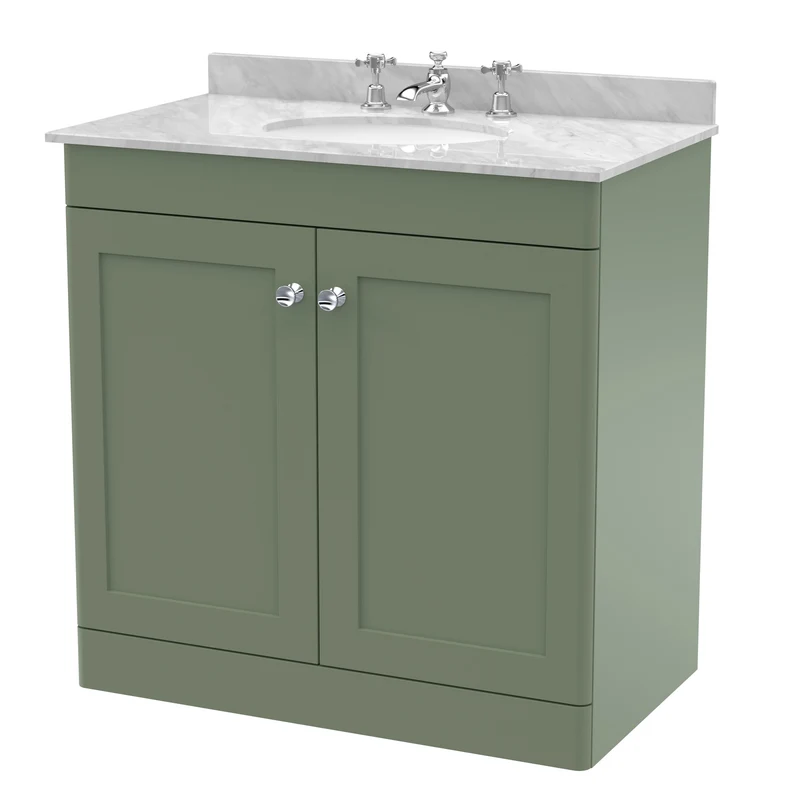 Classique 800mm Floor Standing Vanity Unit With 2 Doors With Grey Marble Worktop With Round Basin - Satin Green