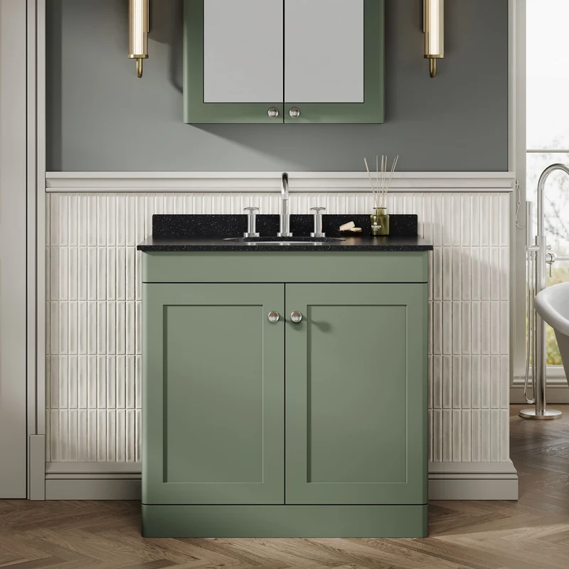 Classique 800mm Floor Standing Vanity Unit With 2 Doors With Black Marble Worktop With Round Basin - Satin Green