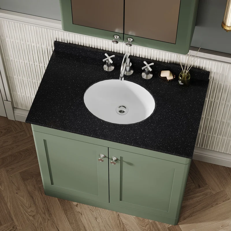 Classique 800mm Floor Standing Vanity Unit With 2 Doors With Black Marble Worktop With Round Basin - Satin Green