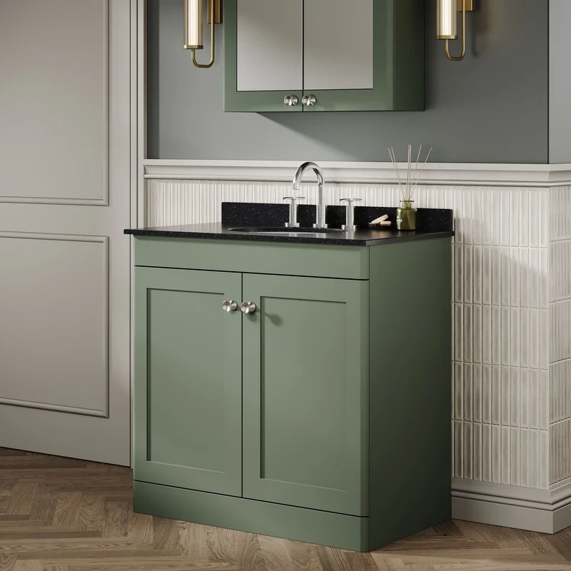 Classique 800mm Floor Standing Vanity Unit With 2 Doors With Black Marble Worktop With Round Basin - Satin Green