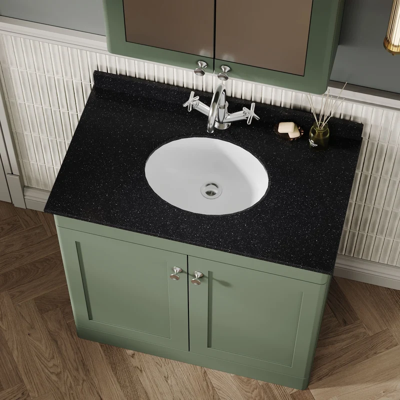 Classique 800mm Floor Standing Vanity Unit With 2 Doors With Black Marble Worktop With Round Basin - Satin Green