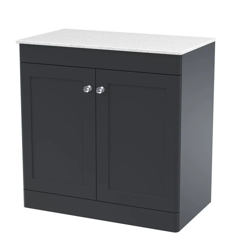 Classique 800mm Floor Standing Vanity Unit With 2 Doors With White Marble Worktop - Satin Soft Black