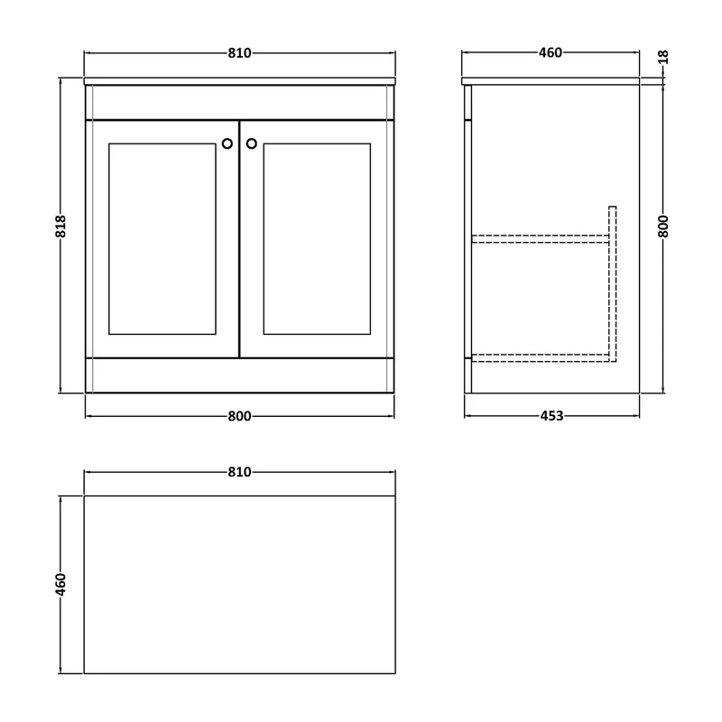 Classique 800mm Floor Standing Vanity Unit With 2 Doors With Grey Marble Worktop - Satin Soft Black