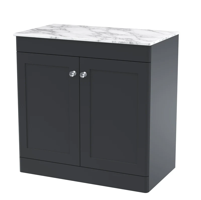 Classique 800mm Floor Standing Vanity Unit With 2 Doors With Carrera Marble Worktop - Satin Soft Black
