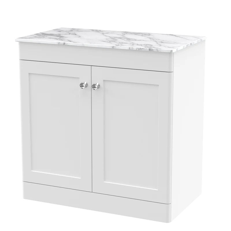 Classique 800mm Floor Standing Vanity Unit With 2 Doors With Carrera Marble Worktop - Satin White