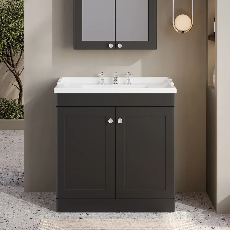 Classique 800mm Floor Standing Vanity Unit With 2 Doors With Traditional Basin - Satin Soft Black
