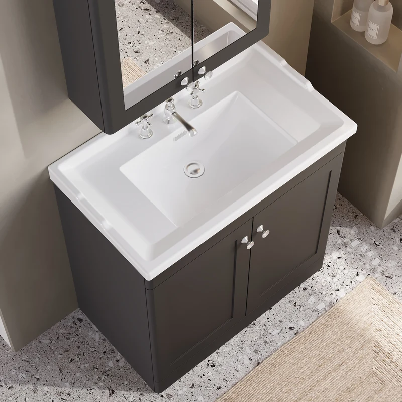 Classique 800mm Floor Standing Vanity Unit With 2 Doors With Traditional Basin - Satin Soft Black