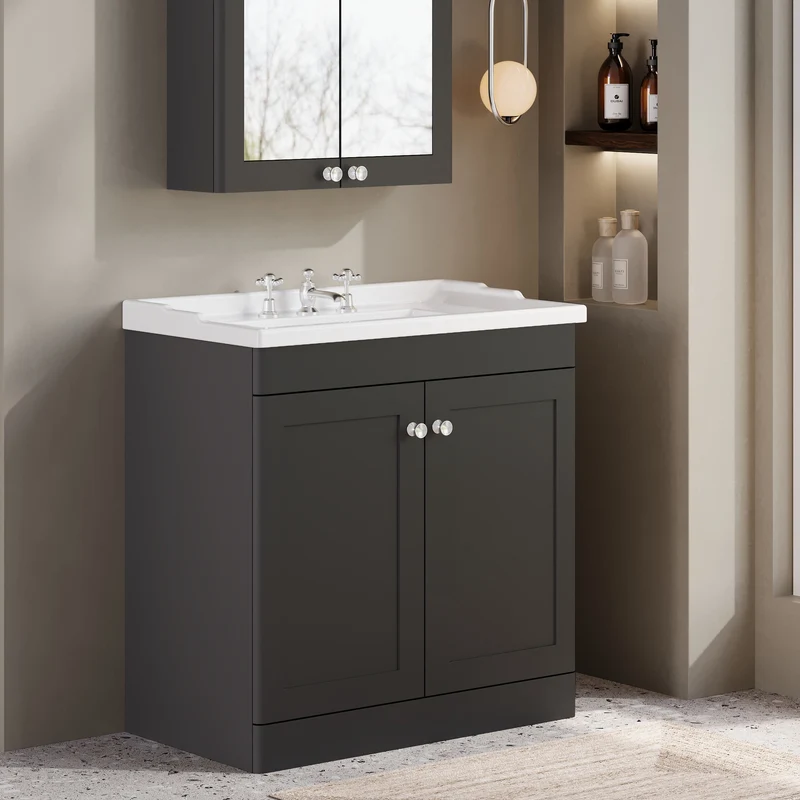 Classique 800mm Floor Standing Vanity Unit With 2 Doors With Traditional Basin - Satin Soft Black
