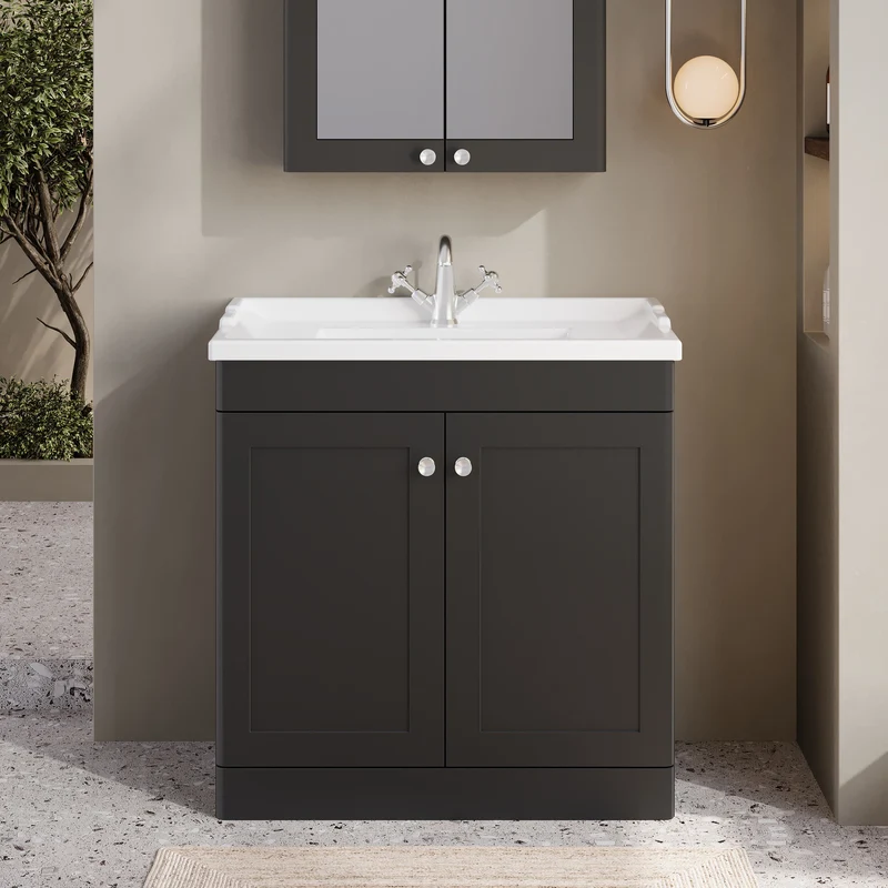 Classique 800mm Floor Standing Vanity Unit With 2 Doors With Traditional Basin - Satin Soft Black
