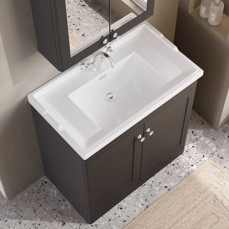 Classique 800mm Floor Standing Vanity Unit With 2 Doors With Traditional Basin - Satin Soft Black