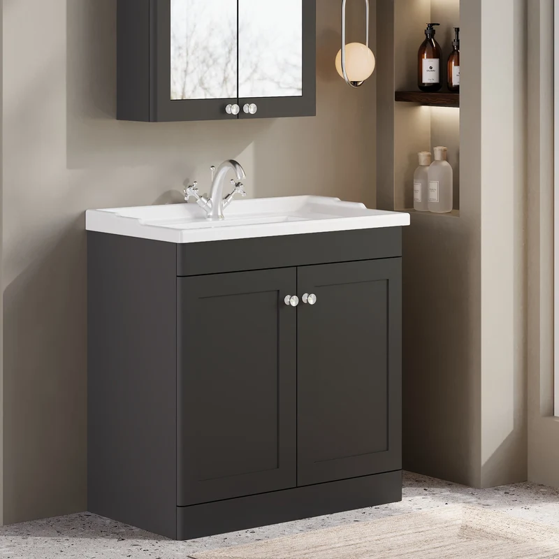 Classique 800mm Floor Standing Vanity Unit With 2 Doors With Traditional Basin - Satin Soft Black