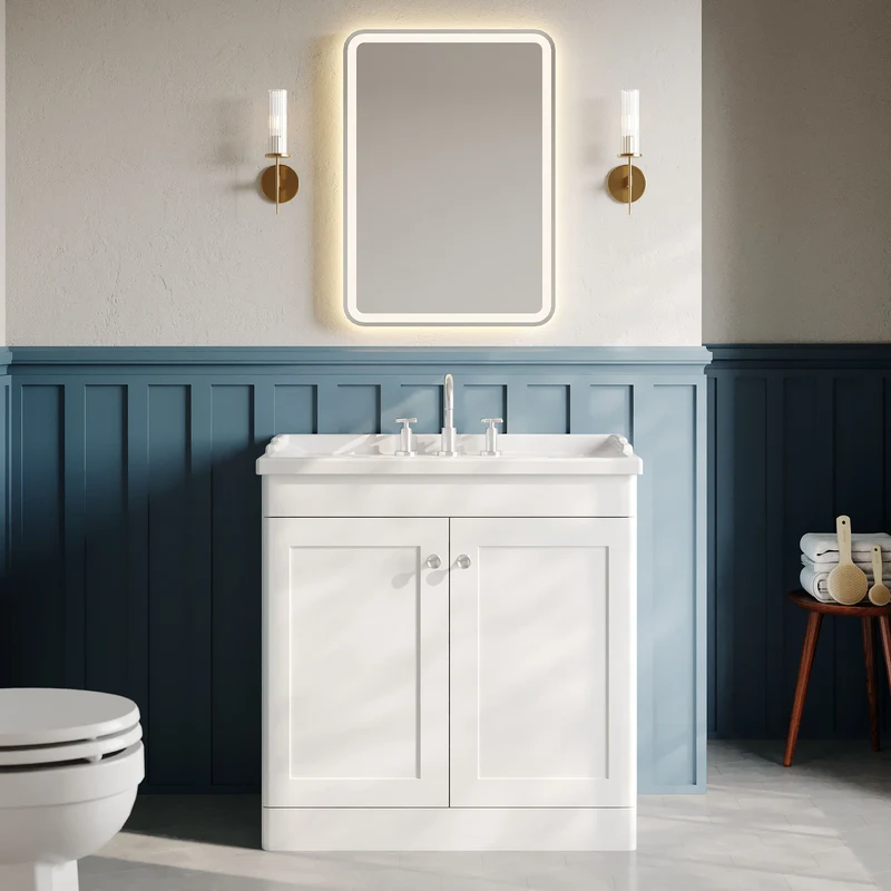 Classique 800mm Floor Standing Vanity Unit With 2 Doors With Traditional Basin - Satin White