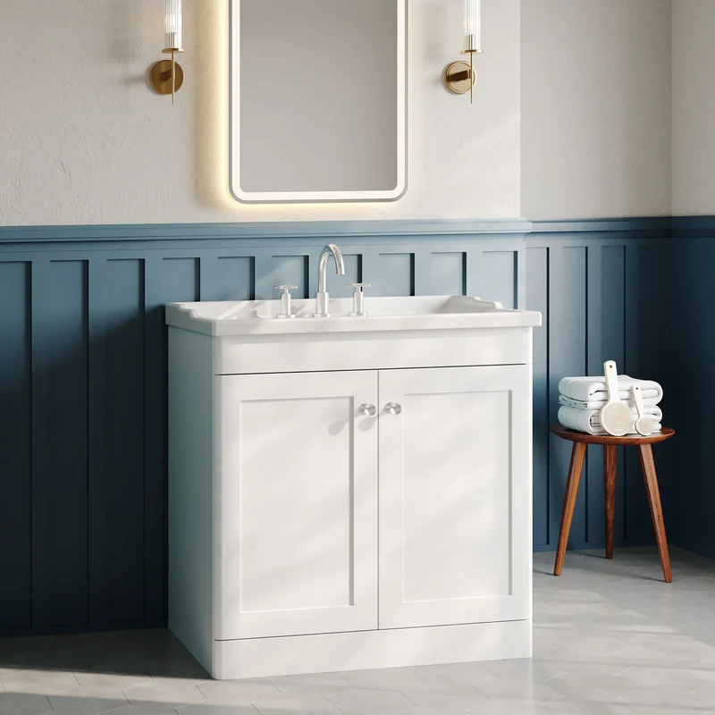Classique 800mm Floor Standing Vanity Unit With 2 Doors With Traditional Basin - Satin White