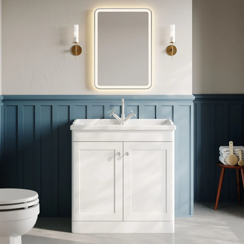 Classique 800mm Floor Standing Vanity Unit With 2 Doors With Traditional Basin - Satin White