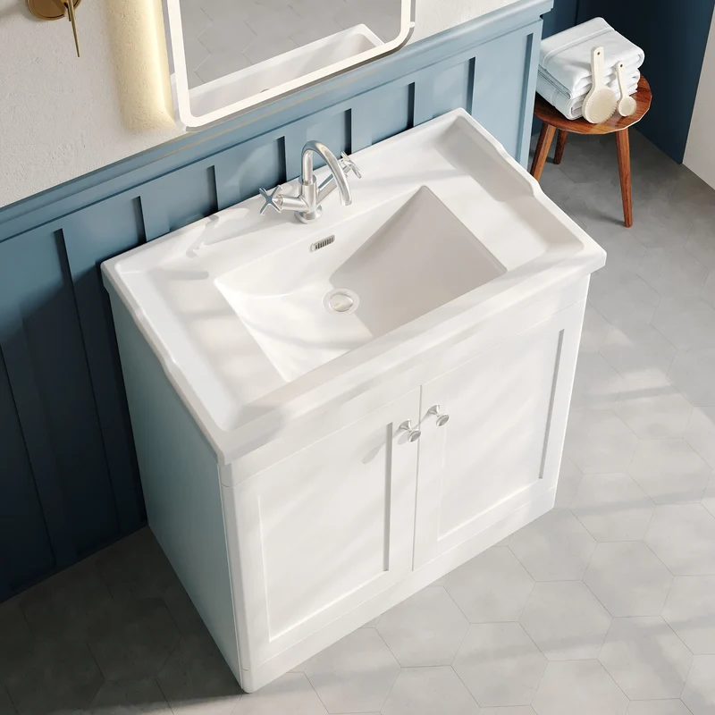 Classique 800mm Floor Standing Vanity Unit With 2 Doors With Traditional Basin - Satin White