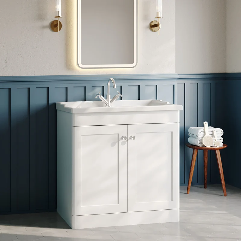Classique 800mm Floor Standing Vanity Unit With 2 Doors With Traditional Basin - Satin White